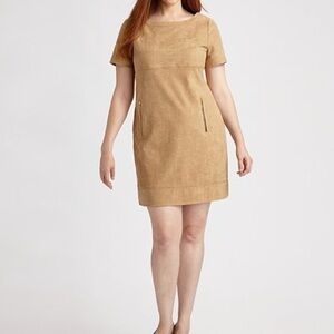 Pheobe Couture Tan Suede Short Sleeve Fall Winter Work Dress